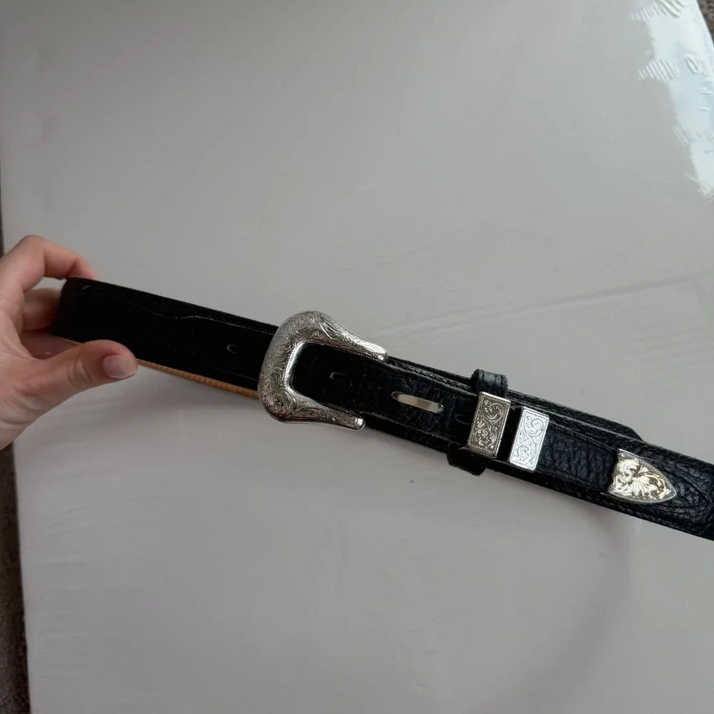 Vintage Fisher Western Style Silver-Toned Buckle Black Leather Belt